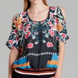 Clover Canyon Cuba Scarf Blouse Floral Geometric Cold Shoulder Top Sz S